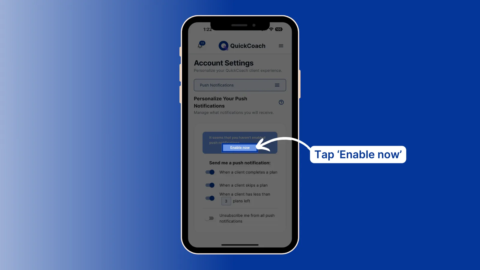 The mobile Push Notifications settings with an Enable now button and activity toggles