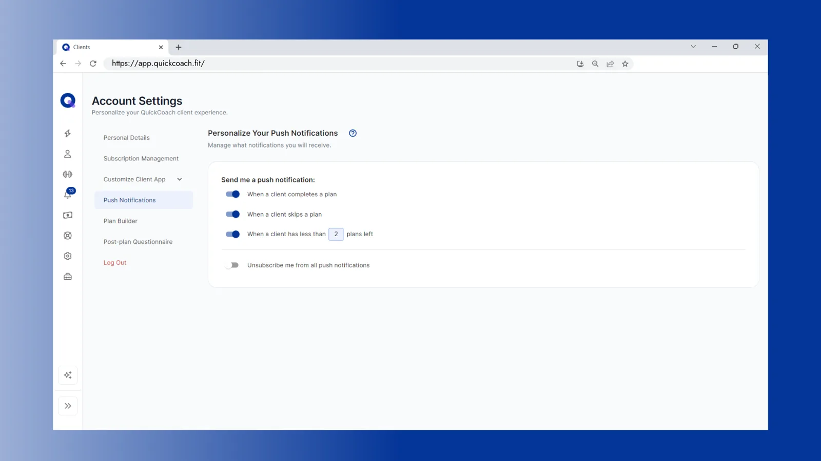 The desktop Push Notifications settings page with toggles for plan completed, plan skipped and low on plans