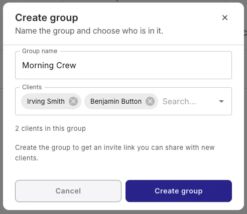 The Create group dialog in QuickCoach naming a group Morning Crew with two clients added, and a note that creating the group gives you an invite link to share with new clients