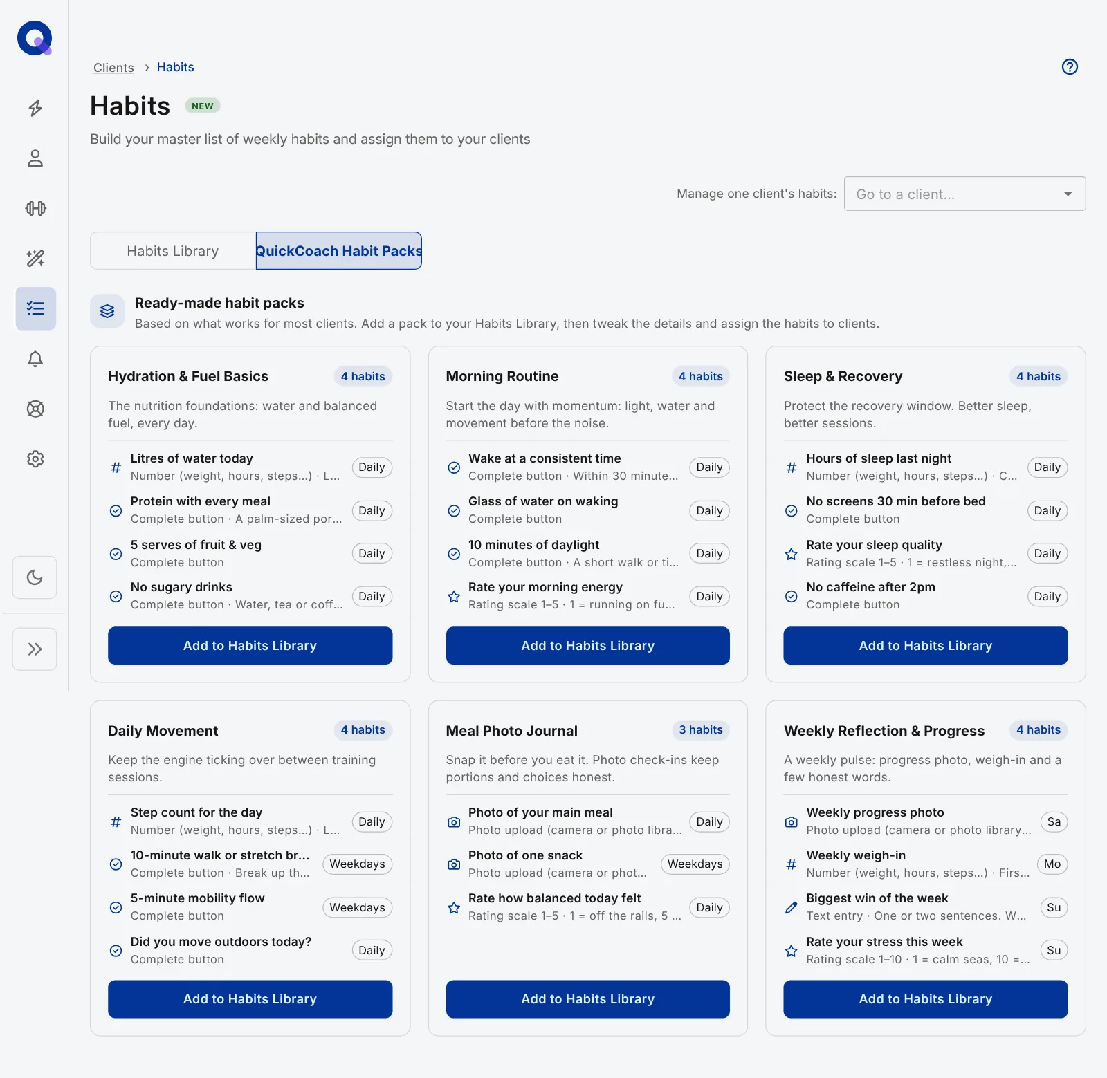 The QuickCoach Habit Packs tab on the Habits page, showing the six packs with each habit's type and schedule and an Add to Habits Library button on each