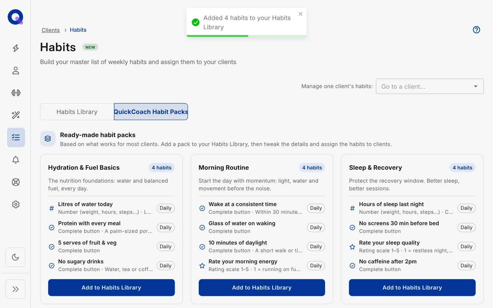 The confirmation Added 4 habits to your Habits Library, shown after adding the Morning Routine pack
