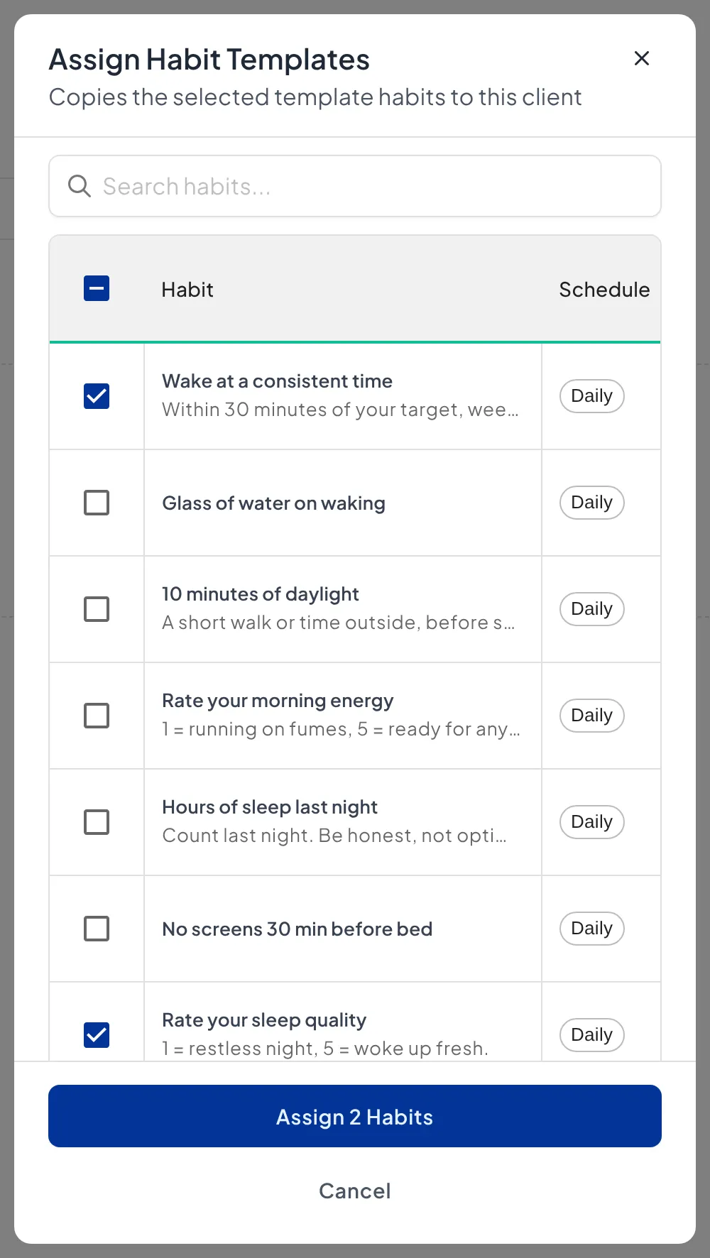 The Assign Habit Templates window on a client's Habits page, listing habits from the Morning Routine and Sleep & Recovery packs, with Wake at a consistent time and Rate your sleep quality ticked and an Assign 2 Habits button