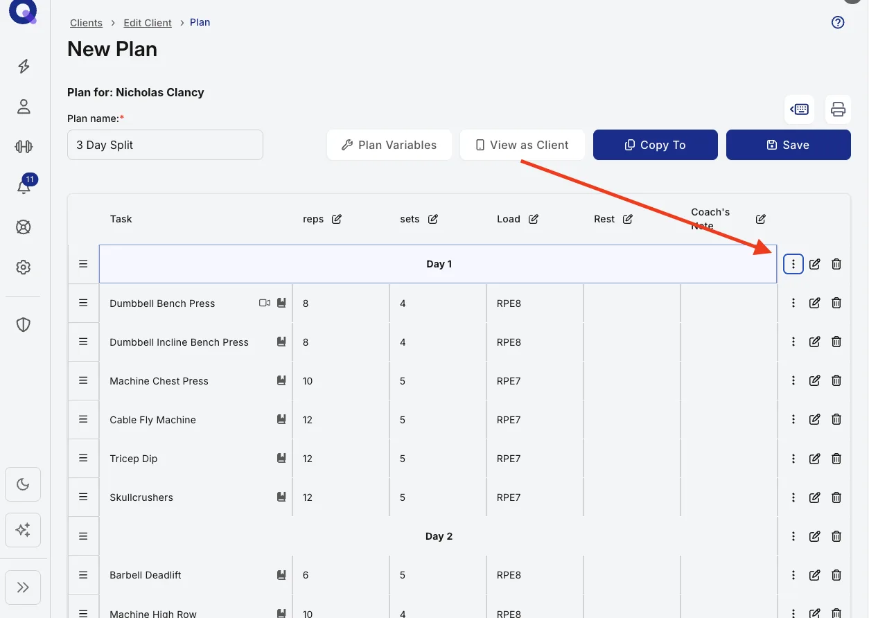 The plan builder with an arrow pointing to the three-dot menu on a Day 1 header row
