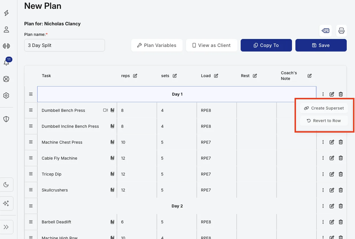 The row menu open in the plan builder, showing the Create Superset option