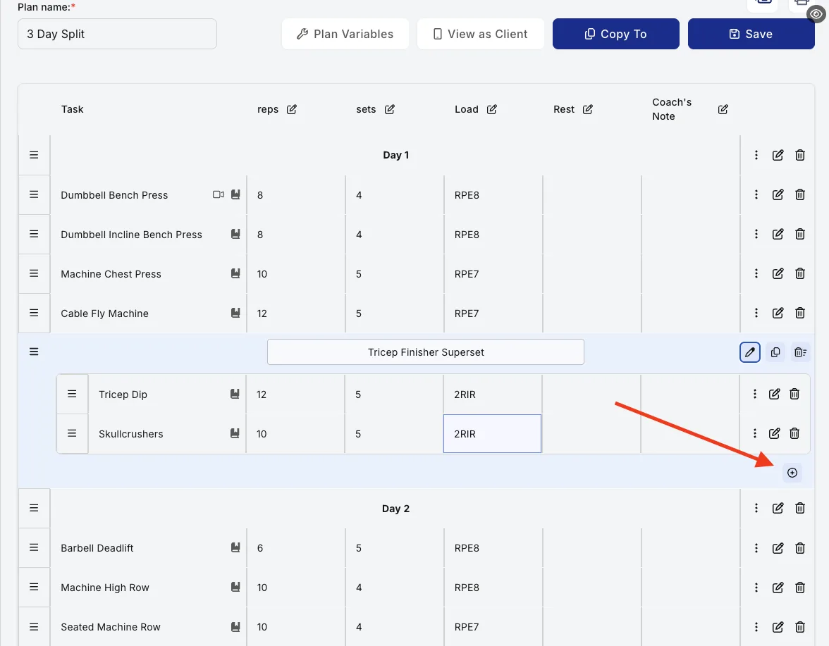 A named superset in the plan builder with two exercises nested inside and a plus icon for adding more