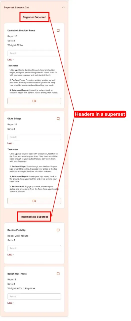 A superset box on the client side containing labelled headers such as Beginner Superset and Intermediate Superset above their grouped exercises.