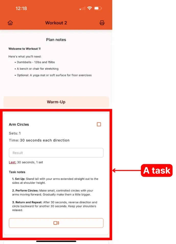 A single task shown in a white box inside a client plan