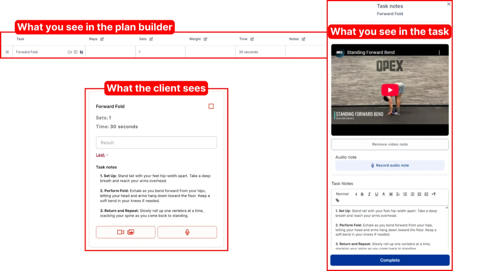 The same task shown side by side in the coach's plan builder and the client app