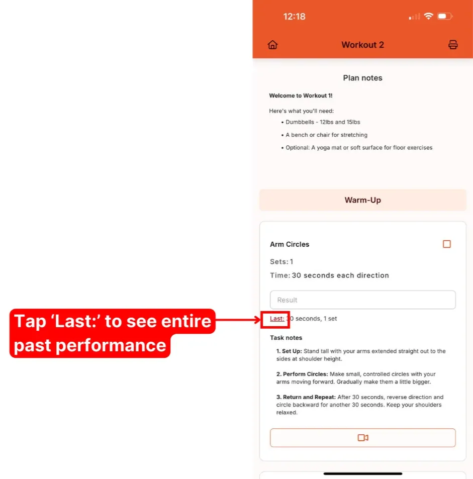 The history pop-up listing workout names, dates, results and statuses