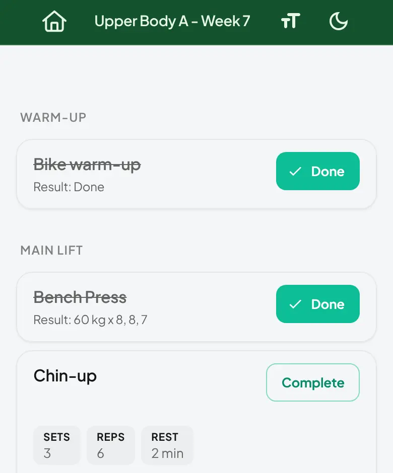 A client's plan with Bike warm-up and Bench Press marked Done in green and collapsed, each name struck through with its result underneath (Result: 60 kg x 8, 8, 7), and Chin-up still open with its Complete button