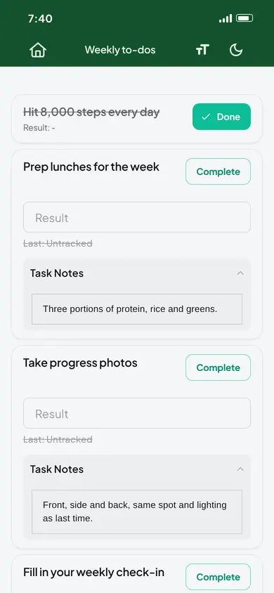 A client plan called Weekly to-dos with non-training tasks: Hit 8,000 steps every day marked Done, then Prep lunches for the week, Take progress photos and Fill in your weekly check-in, each with a Complete button. The open tasks show a Result box and a crossed-out Last: Untracked line, as they aren't in the task library