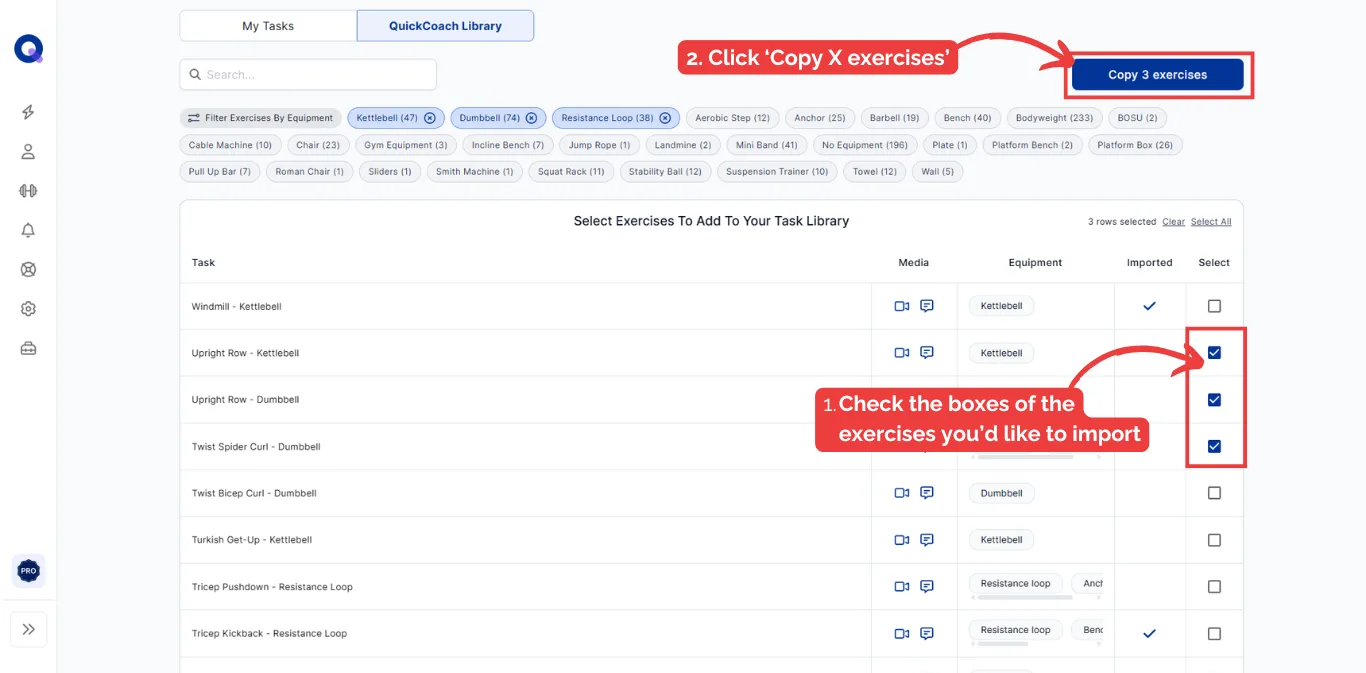 Exercises selected with checkboxes and the Copy exercises button highlighted