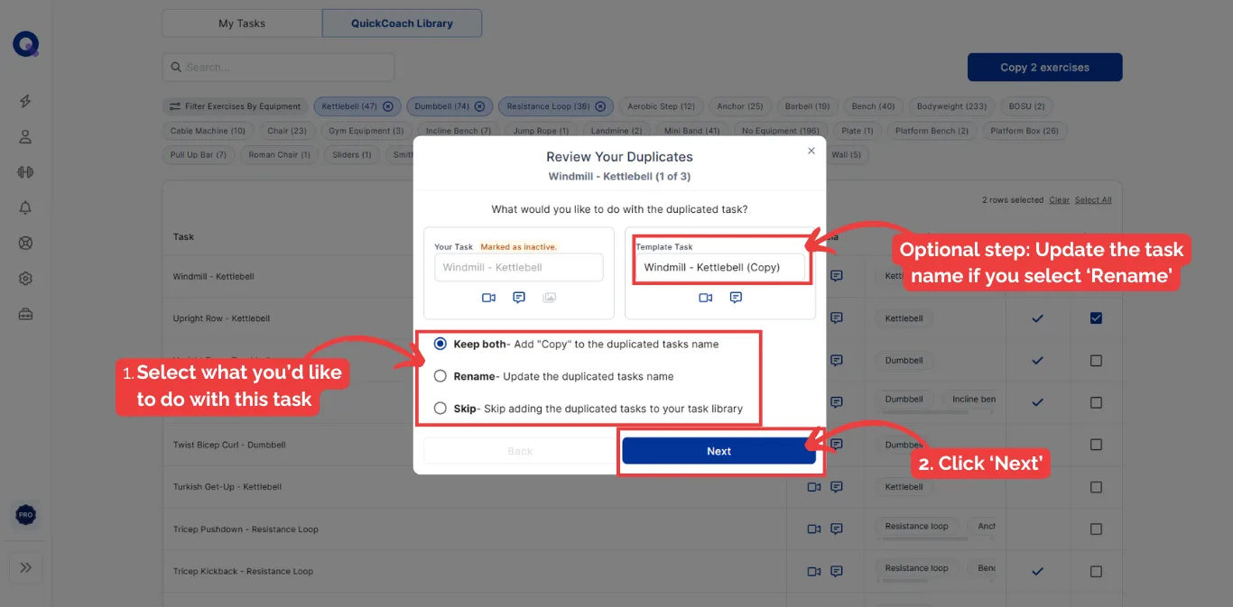 The Review Your Duplicates screen with Keep both, Rename and Skip options