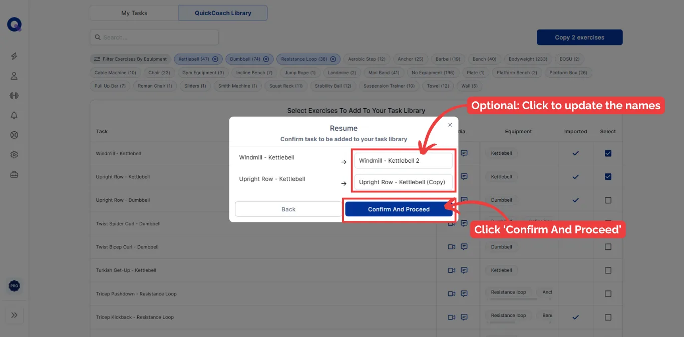 The confirmation screen with final task names and a Confirm And Proceed button