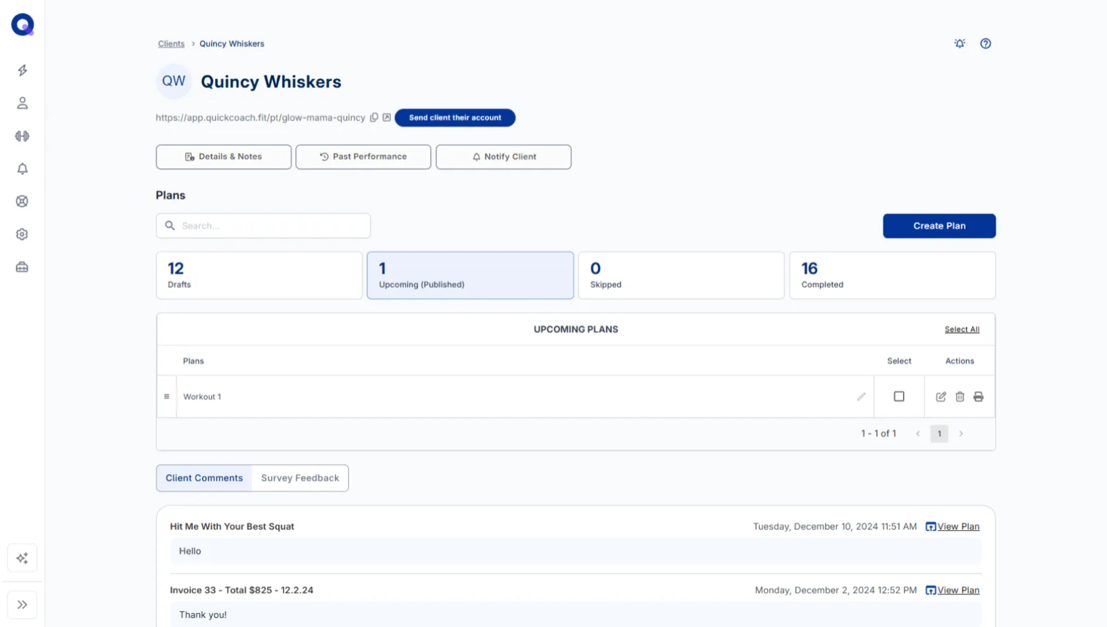 A client's account page from the coach's perspective with details, plans, and feedback sections