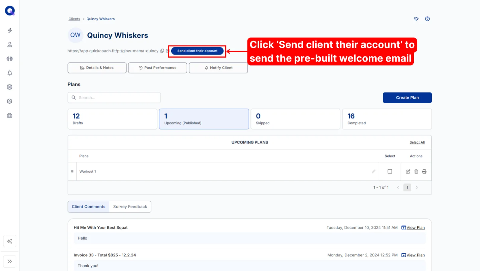The Send client their account button at the top of a client's page