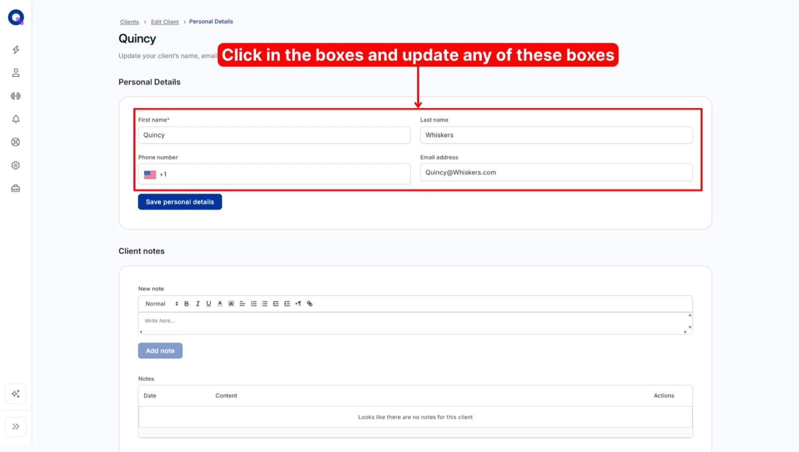 The Details and Notes panel with fields for the client's name, phone number, and email