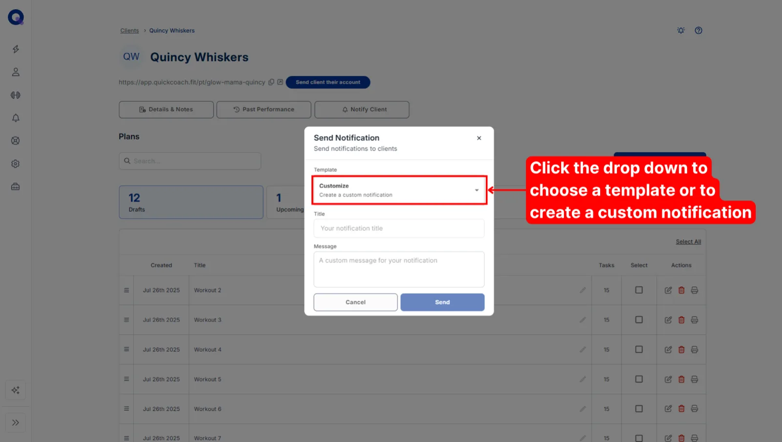 The notification composer with the template dropdown, title box, and message box