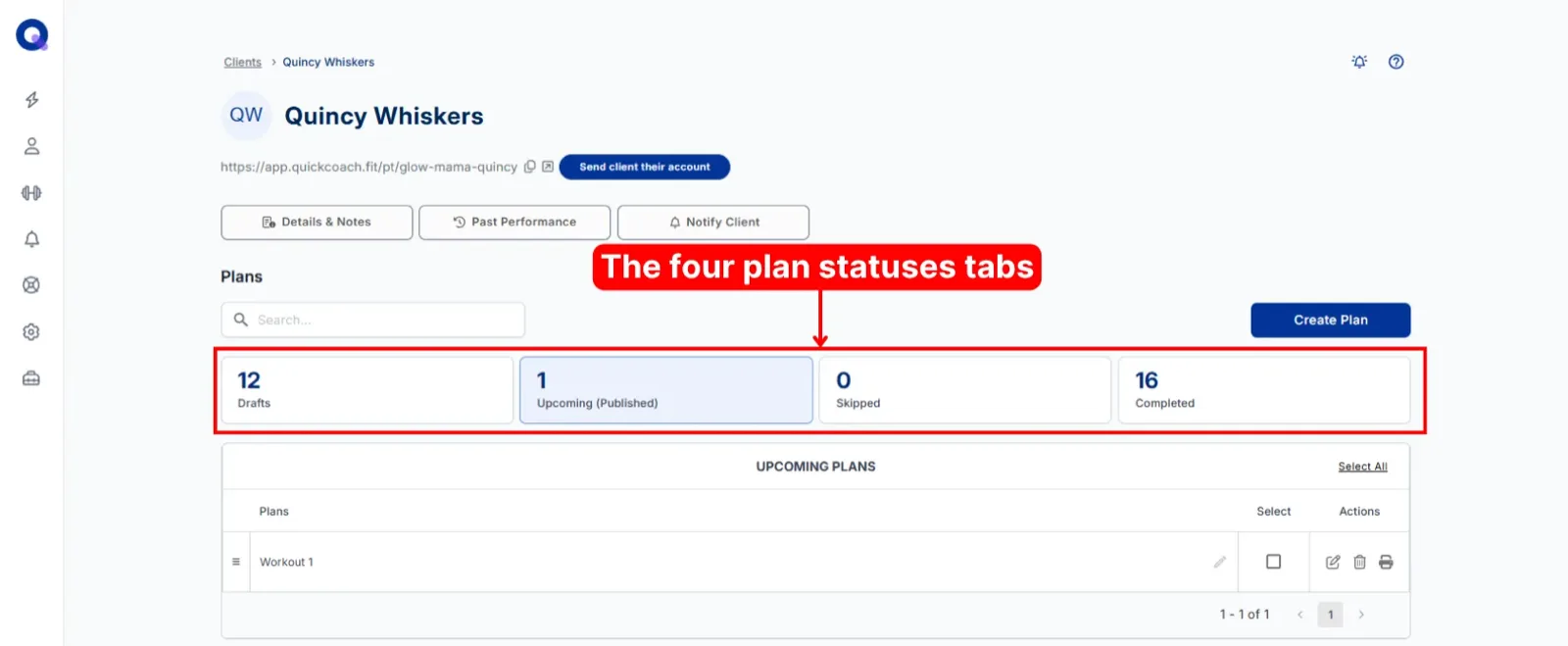 The four plan status tabs: Drafts, Upcoming, Skipped, and Completed