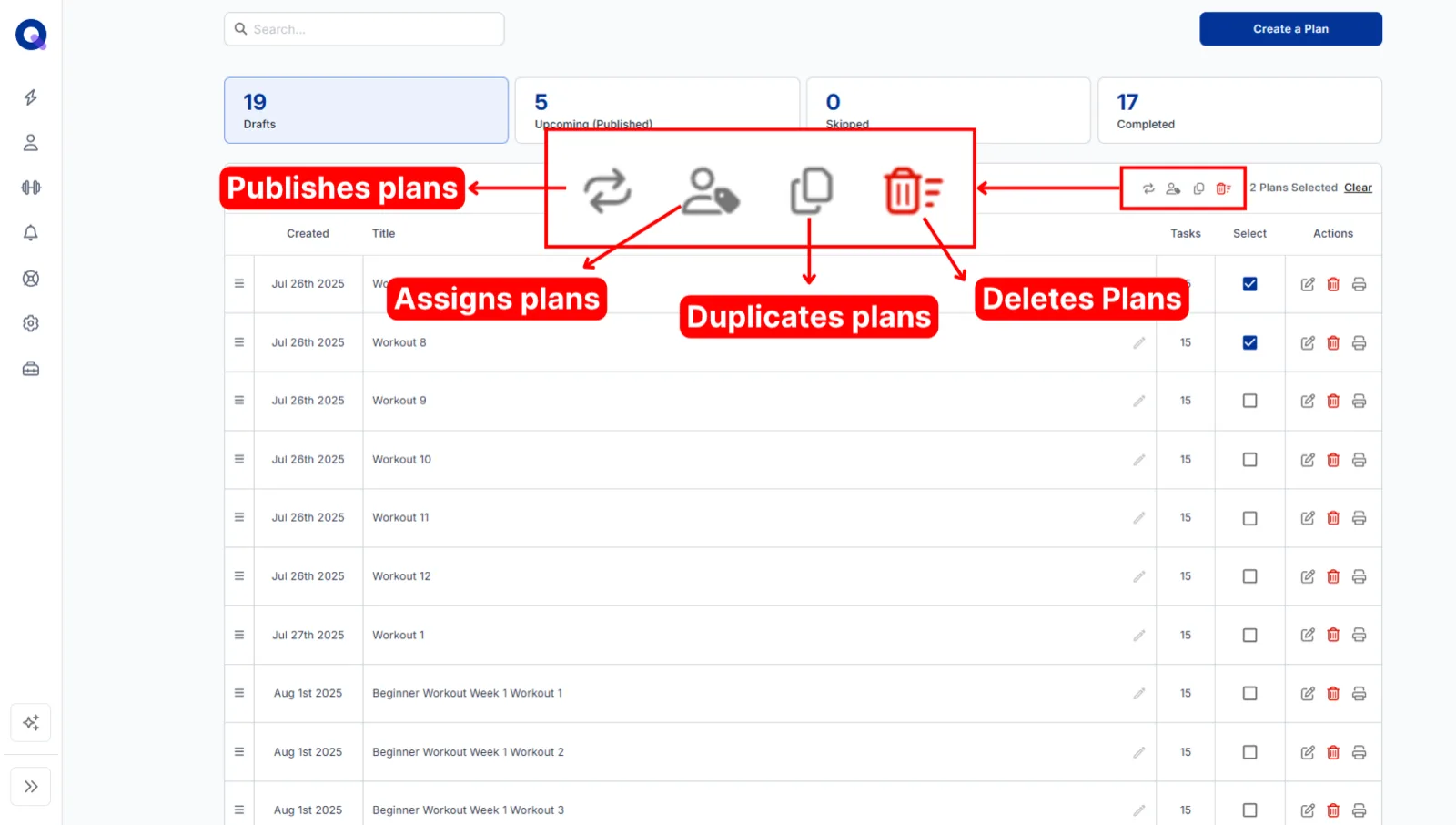 The batch edit buttons that appear when plans are selected with checkboxes