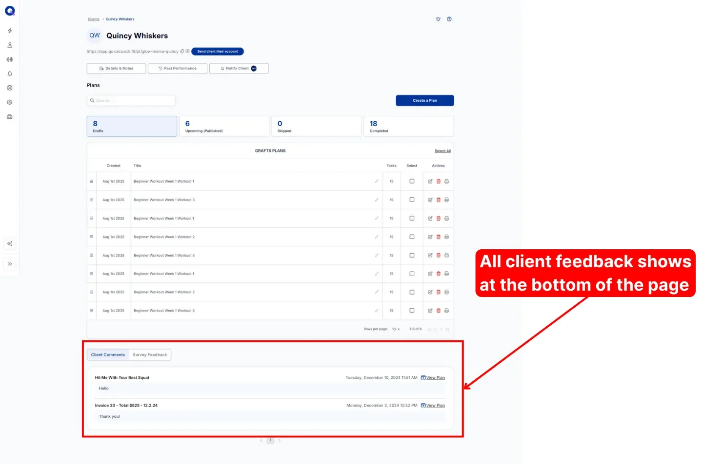 The feedback section under a client's plans with the Client Comments and Survey Feedback tabs