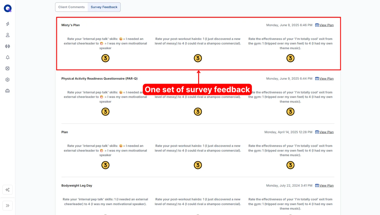 A survey feedback entry showing the plan name, submission time, questions, and selected answers