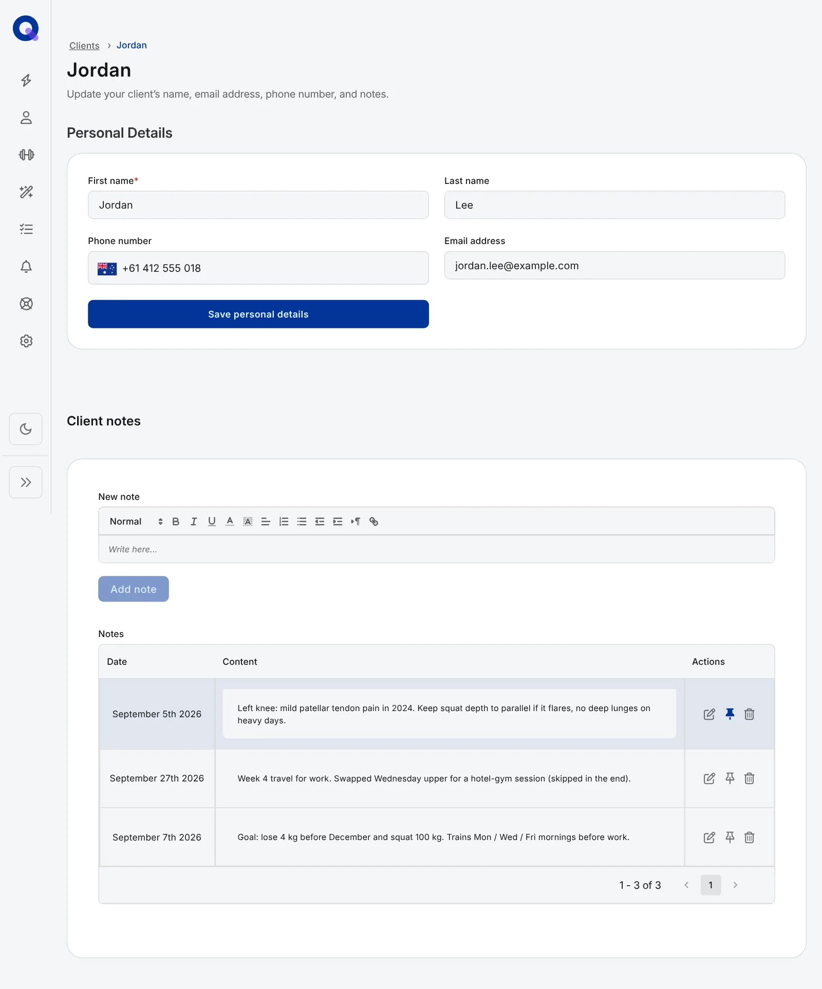 The Profile and notes page with Personal Details fields for first name, last name, phone number and email, a Save personal details button, and a Client notes section with a pinned note highlighted at the top of the notes table