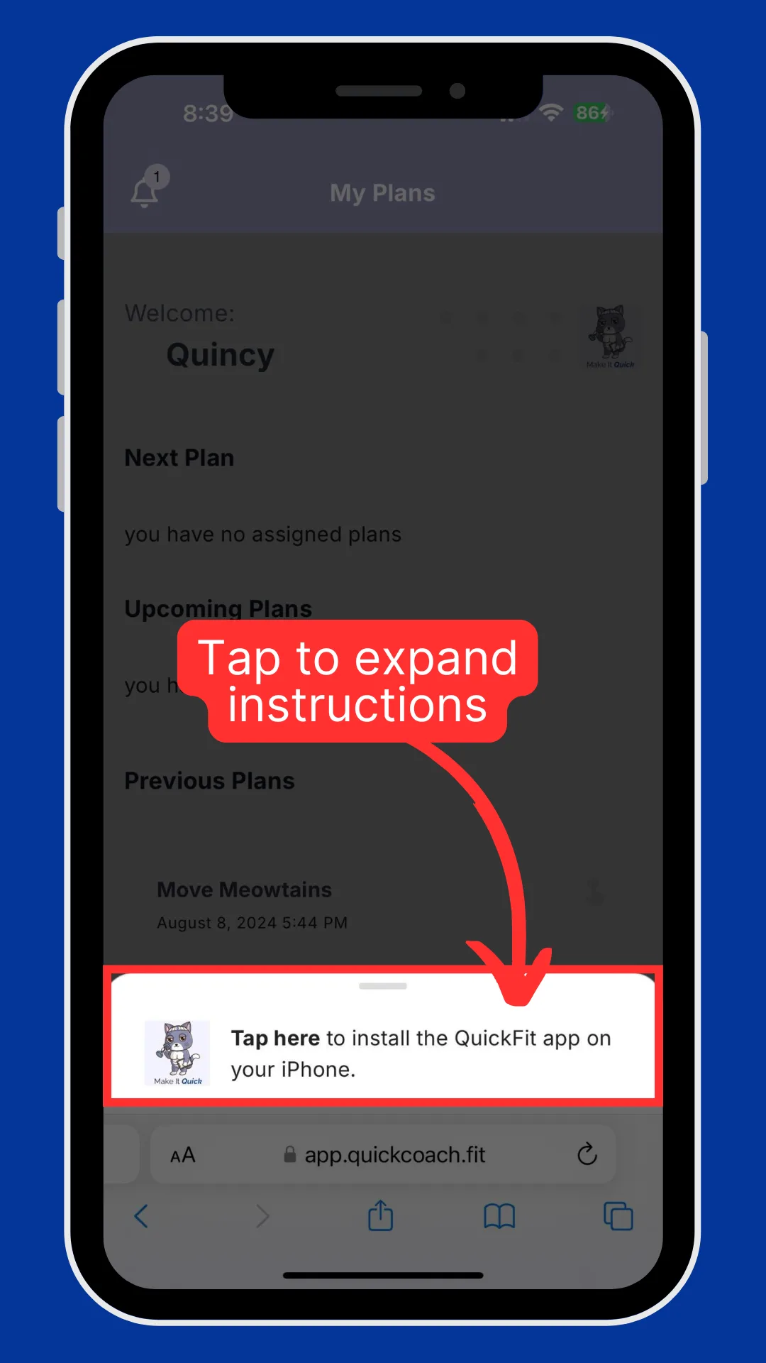 Safari on an iPhone showing the client account with an install prompt at the bottom that says to tap to install the app.
