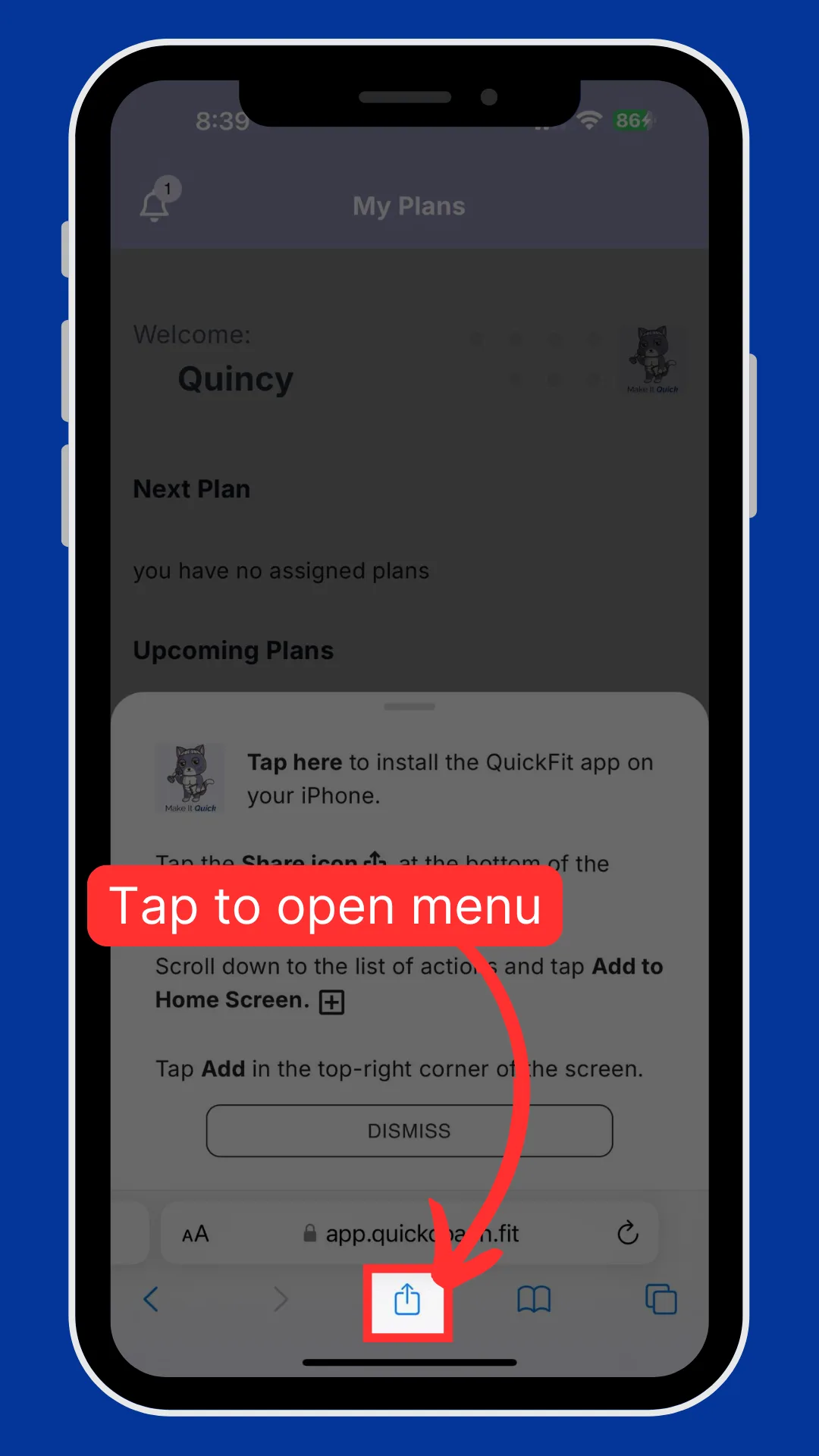 The Safari toolbar with the Share icon highlighted and a callout to tap it to open the menu.