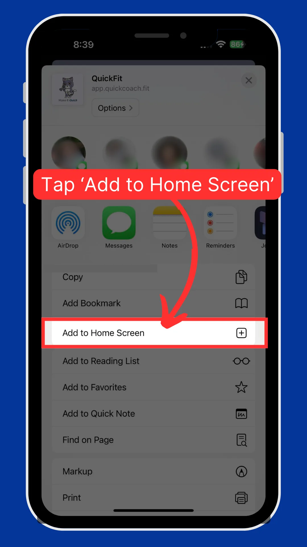 The Safari share sheet with the Add to Home Screen option highlighted.