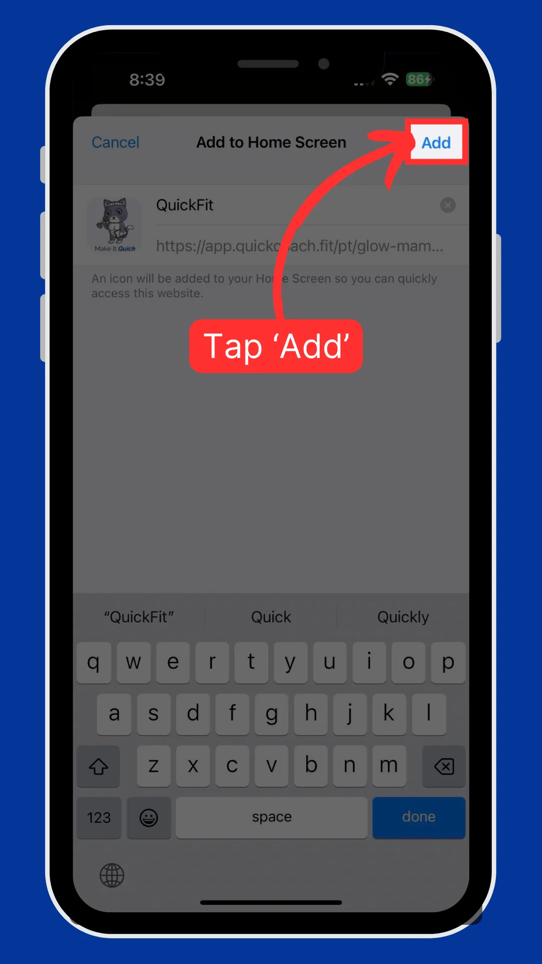 The Add to Home Screen dialog on iPhone with the Add button in the top corner highlighted.