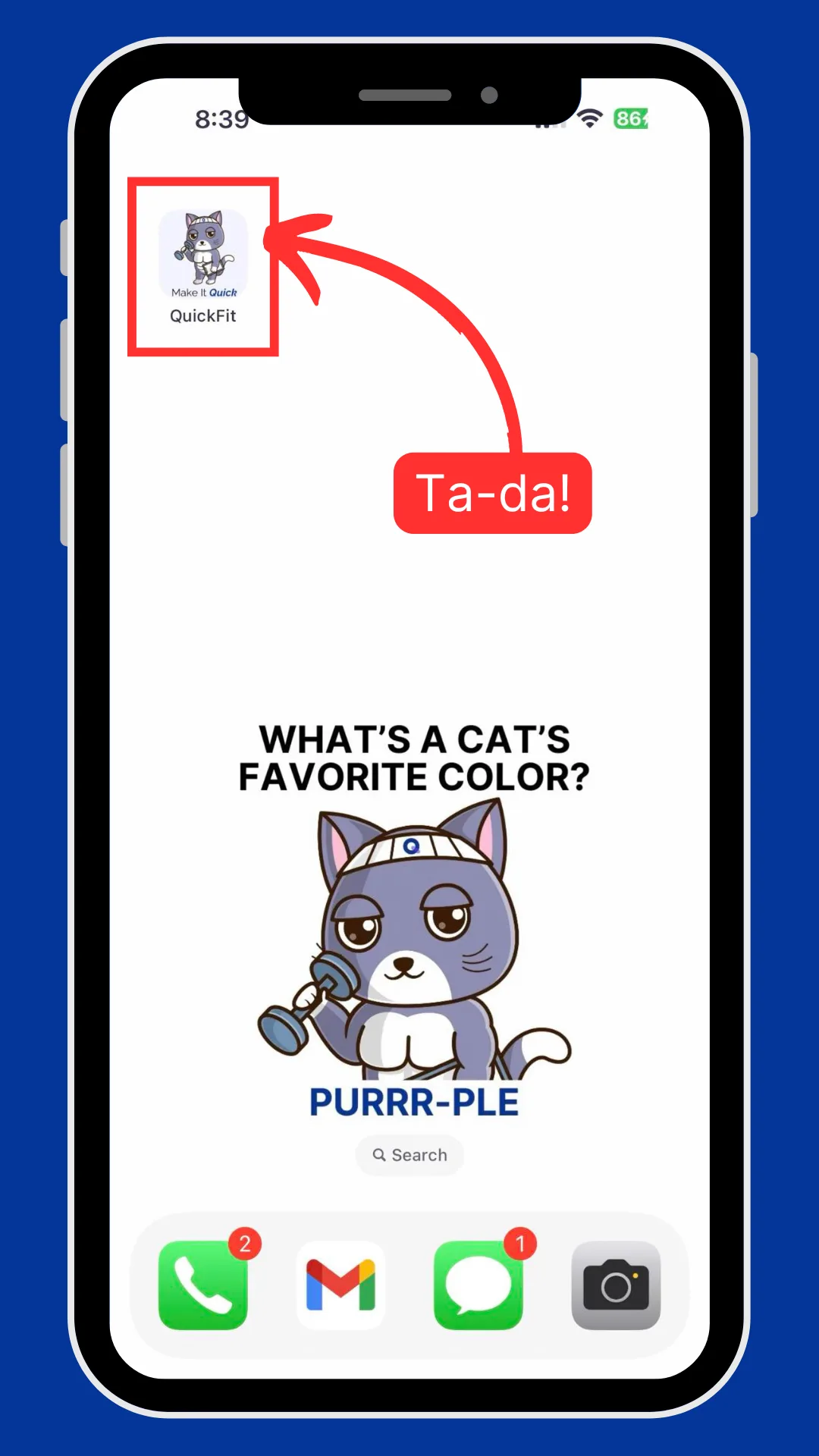 An iPhone home screen with the newly added app icon in the top corner and a Ta-da callout.