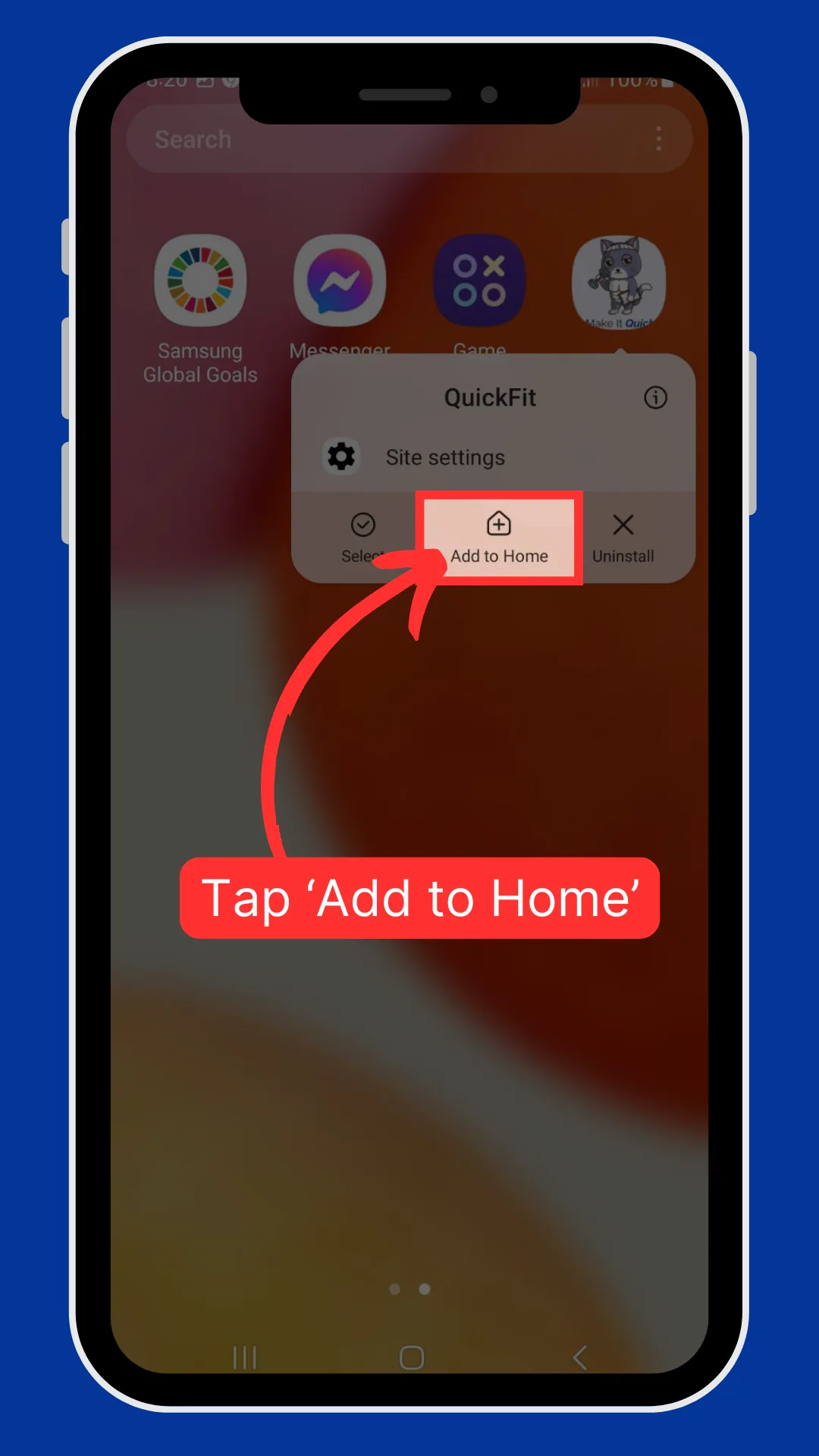 A press-and-hold menu on Android with the Add to Home option highlighted.