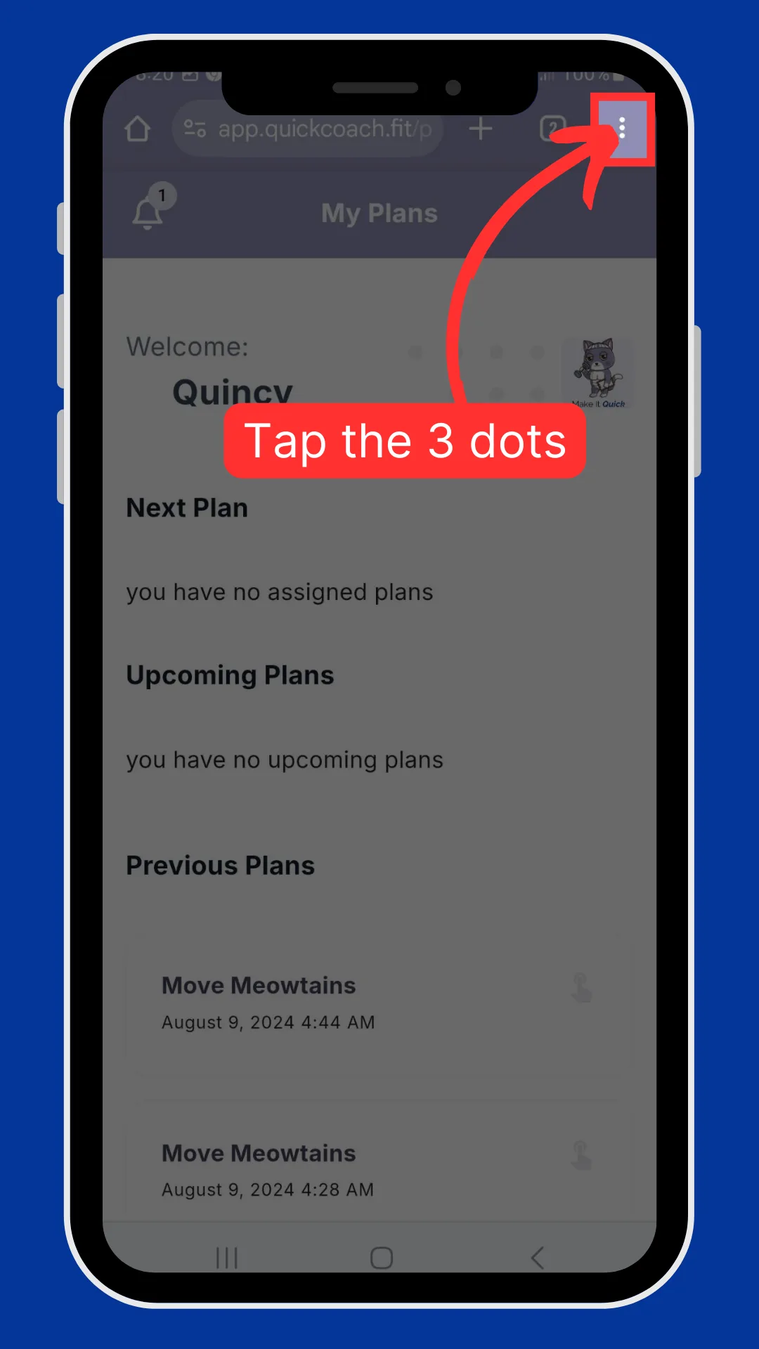 An Android browser with the three-dot menu button in the top corner highlighted.