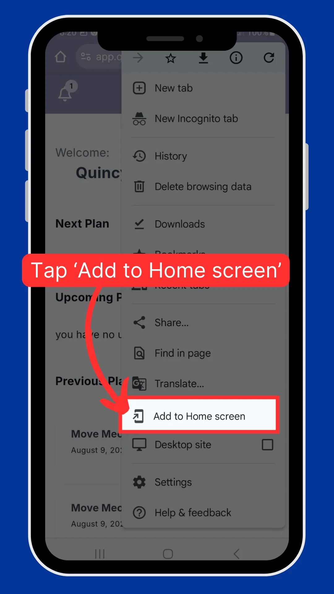 The Chrome menu on Android with the Add to Home screen option highlighted.