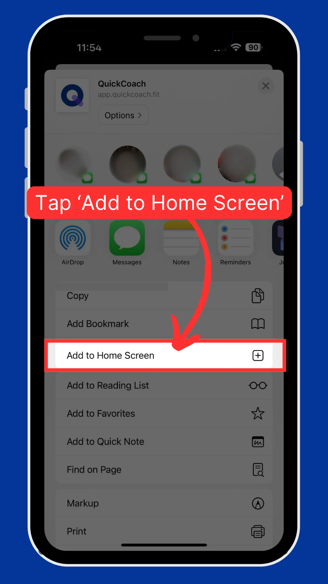 Safari's share menu on an iPhone with the Add to Home Screen option highlighted