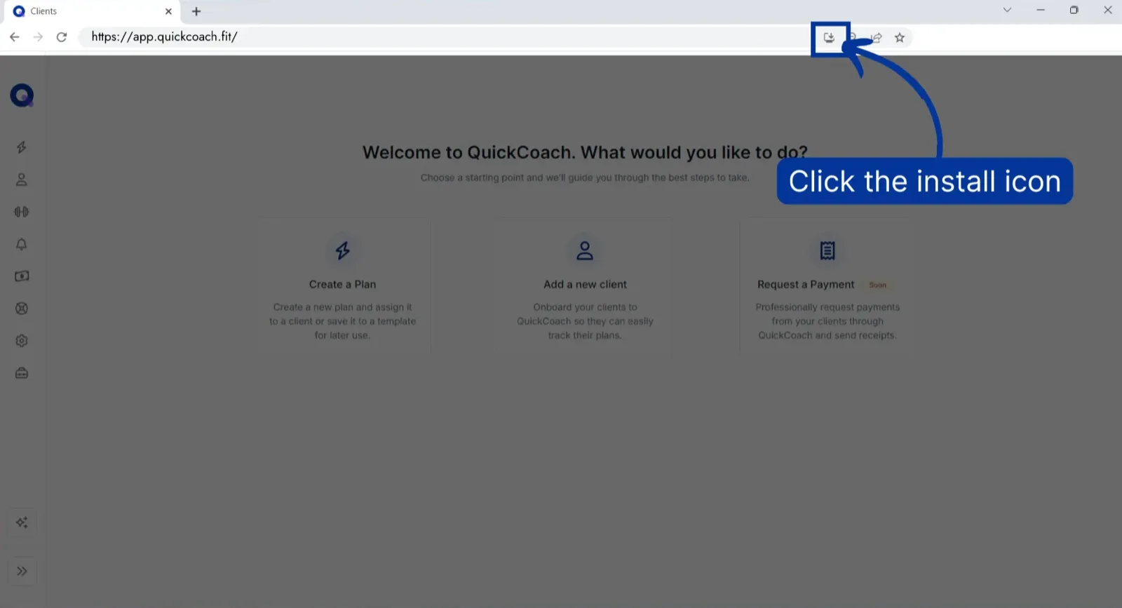 A desktop browser on app.quickcoach.fit with the install icon in the address bar highlighted