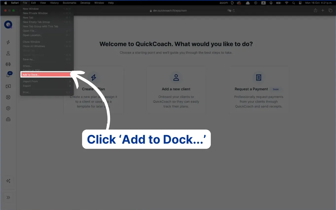 Safari's File menu open over QuickCoach with the Add to Dock option highlighted