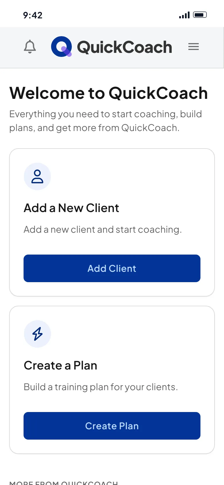 QuickCoach opened from its home screen icon on a phone. The coach dashboard fills the screen with no browser address bar, showing Welcome to QuickCoach with the Add a New Client and Create a Plan cards.