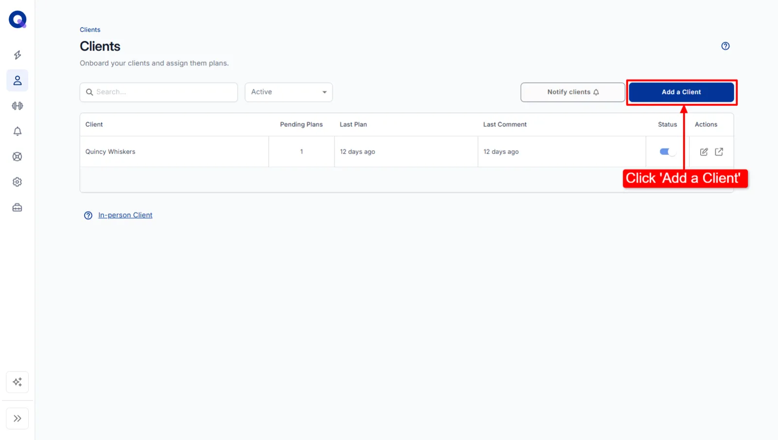 The Clients list with the Add a Client button highlighted in the top right