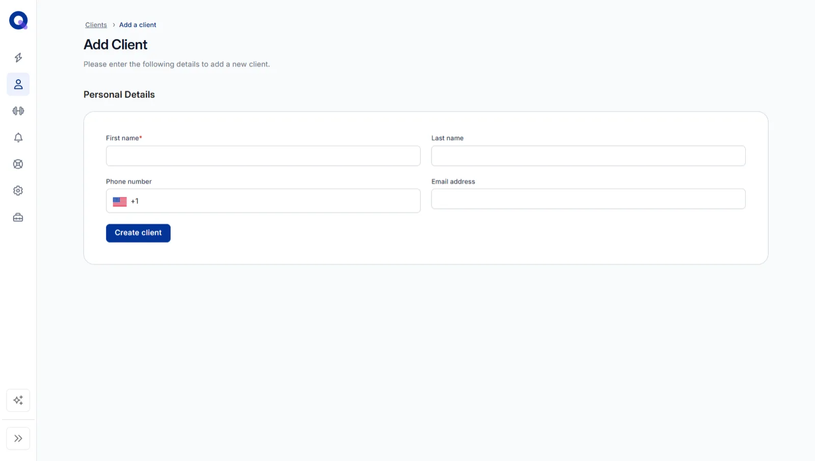 The Add Client form with fields for first name, last name, phone number and email address