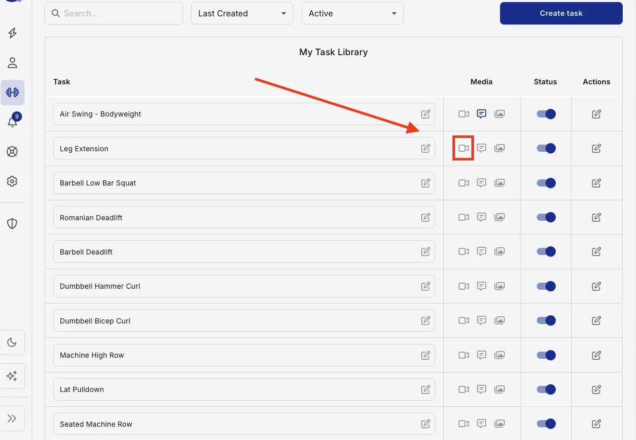 A task row in the plan builder with the video icon highlighted
