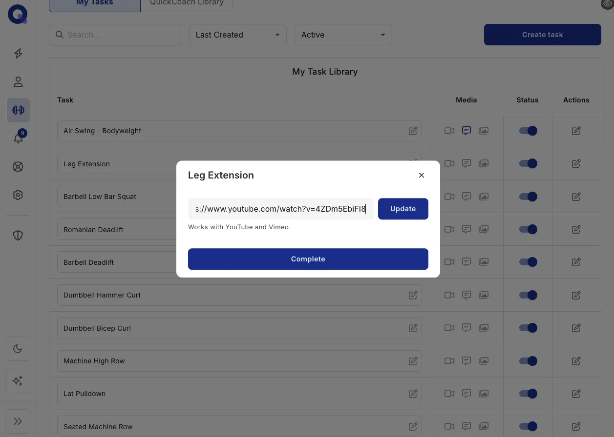 The task notes window showing a video preview after a link is pasted