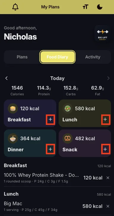 The + button for adding a meal or snack to the Food Diary