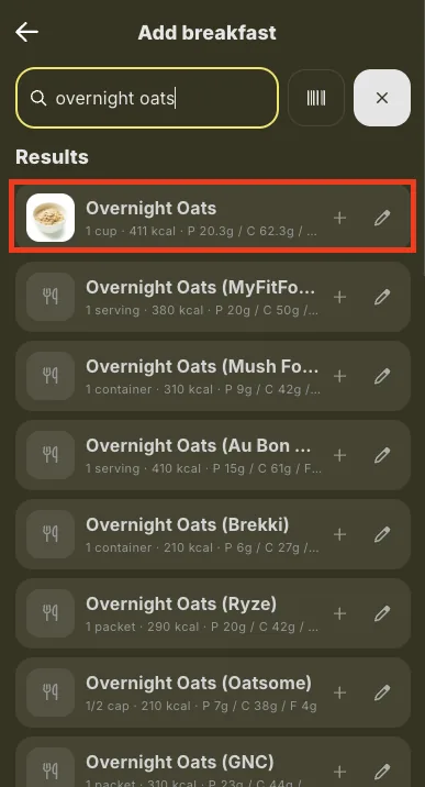 Searching the verified food database for overnight oats