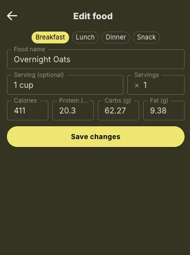 Setting the portion size before adding a food to the diary