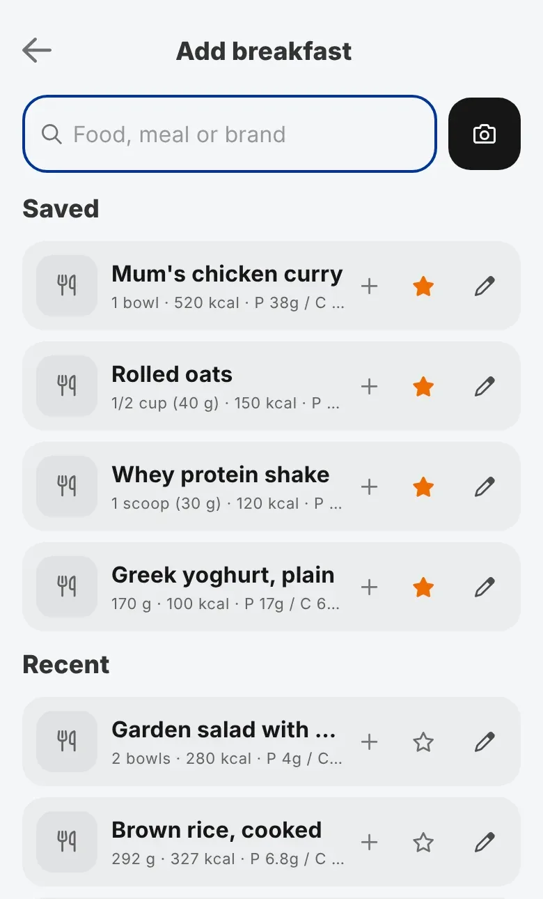 The add food screen before searching, with Saved foods above Recent foods