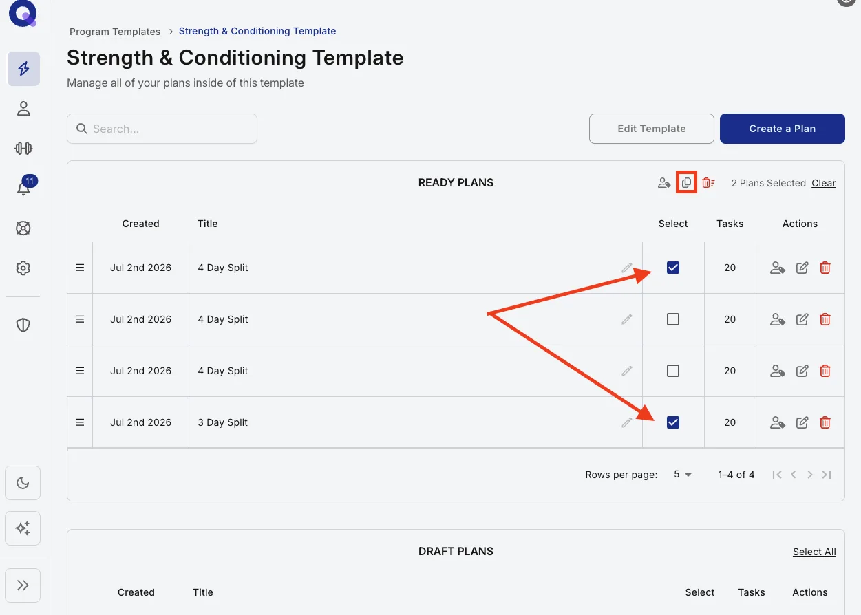 Plans inside a template folder with their checkboxes ticked and the copy icon at the top