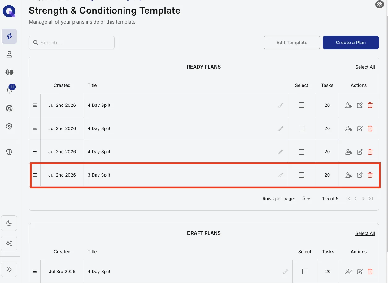 Copied plans sitting in the Draft Plans section of a template folder