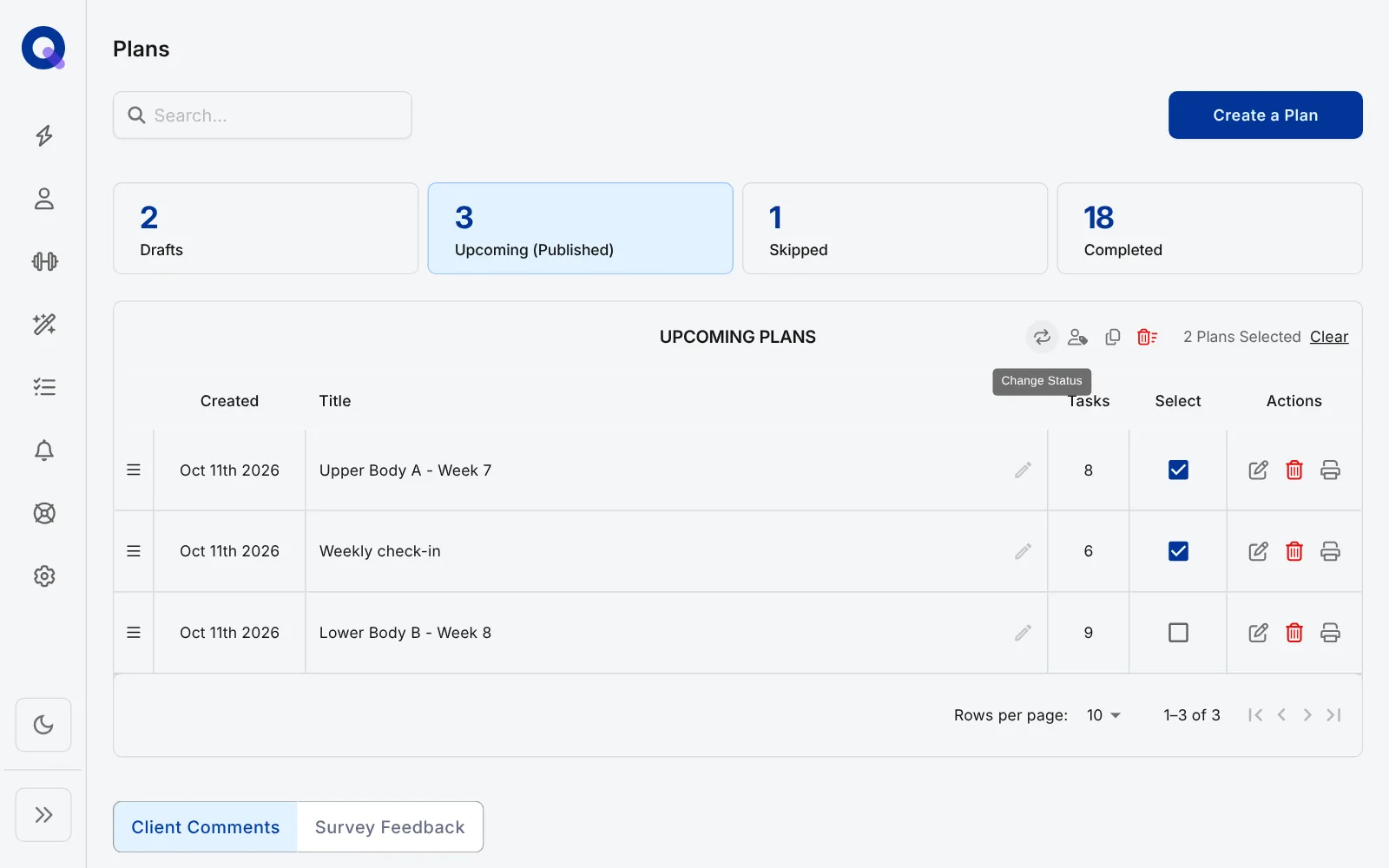 Two plans ticked on a client's Upcoming tab, with the Change Status, Assign Selection, Copy Selection and Delete Selection icons, the Change Status tooltip, 2 Plans Selected and Clear